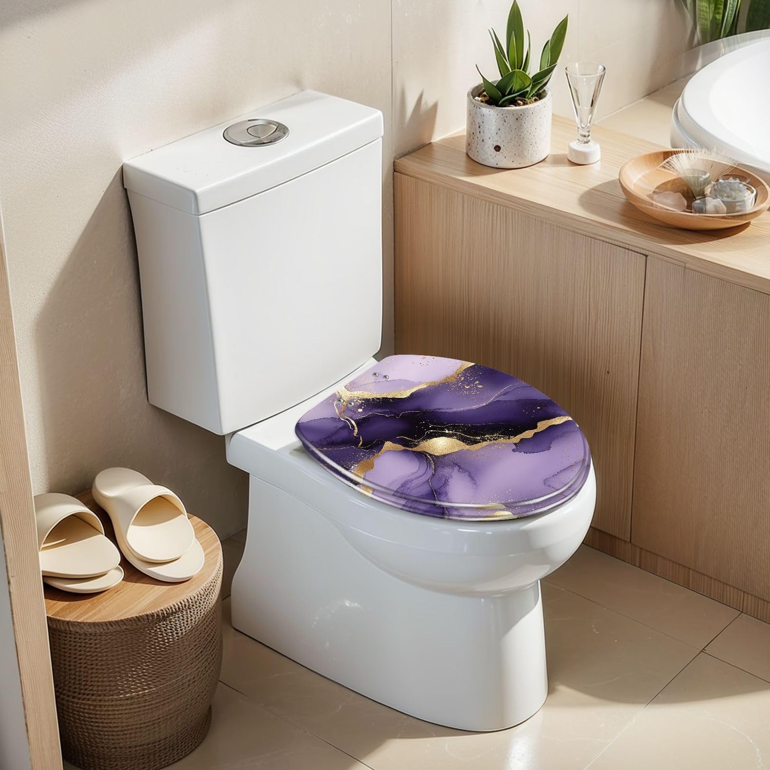 Elongated Toilet Seat Purple marble gold stripes alcohol ink Luxury violet black watercolor Resin Toilet Seat Slow Quiet Close Lid with Quick-Release Hinges Cover Bumpers Easy to Clean Install