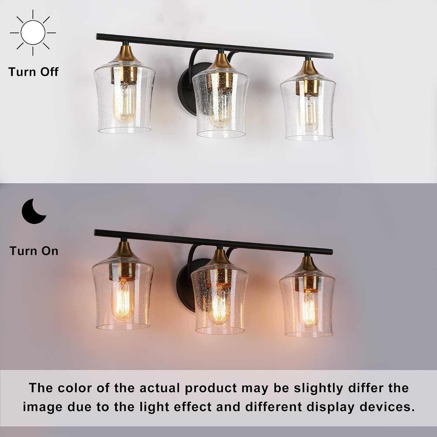 ZEVNI Vanity Light Fixture, 3-Light Bathroom Black and Gold Vanity Light Fixtures with Seeded Glass Shades, 20.5' X 7.5' X 7'