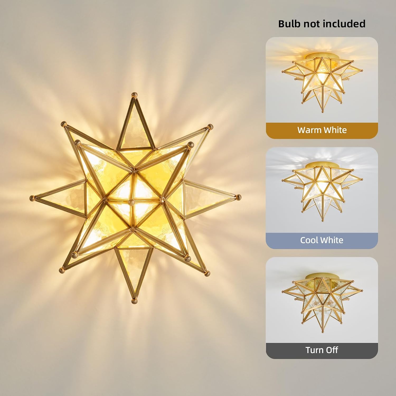 Gold Moravian Star Ceiling Light - 12.7 Inch Brass Vintage Flush Mount Lighting Fixtures with E26 Base - Art Deco Modern Moroccan Glass Fixture Lights for Hallway Kitchen Farmhouse Bedroom Entryway