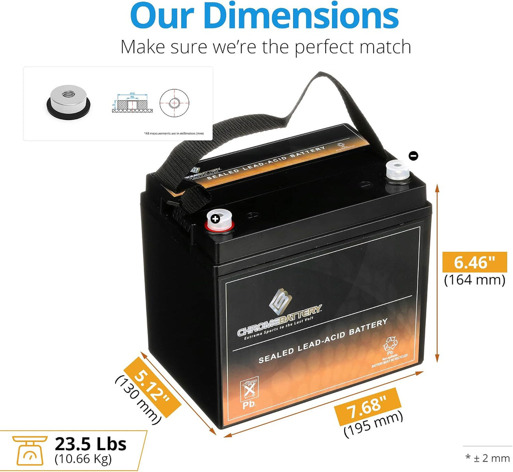 CB CHROMEBATTERY 12V 35AH T6 Maintenance-Free Battery for Lawn Mowers, Snow Blowers, Solar Energy, UPS Systems, and More - Threaded (T6) Terminal - 2 Pack