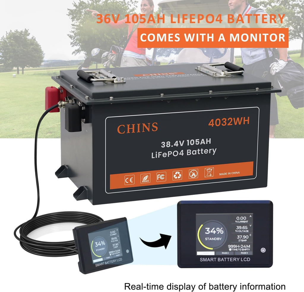 36V Golf Cart Battery 105AH with Touch Monitor & Mobile APP, 36V Lithium Golf Cart Battery with 48V 18A Charger, 200A BMS - 1000A Peak Current, 5000+ Cycles