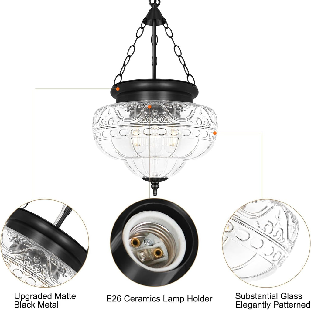 3-Light Matte Black Pendant Lights with 12In Floral Glass, Penant Lighting Fixture with Adjustable Chain, Vintage Pendant Lights Kitchen Island, Hanging Light Fixtures for Dining Room Entryway, E26*3