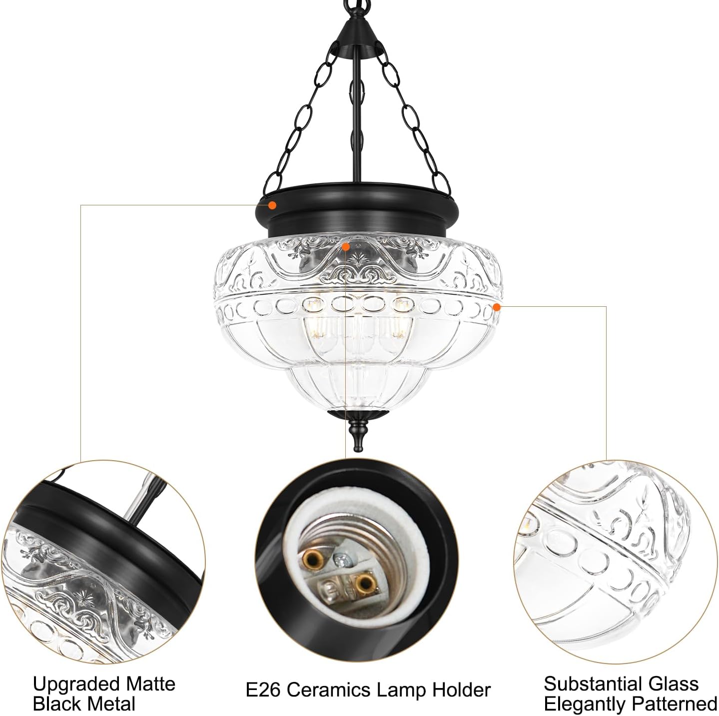3-Light Matte Black Pendant Lights with 12In Floral Glass, Penant Lighting Fixture with Adjustable Chain, Vintage Pendant Lights Kitchen Island, Hanging Light Fixtures for Dining Room Entryway, E26*3