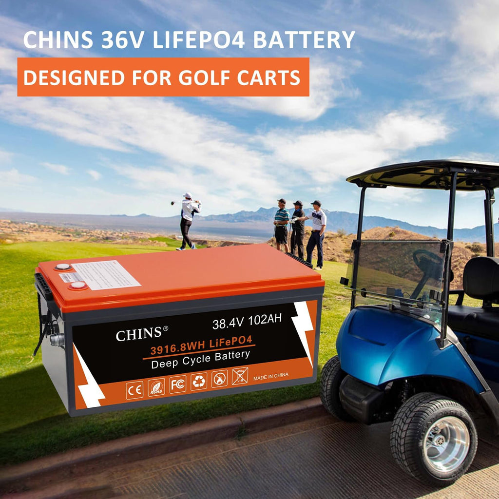 CHINS 36V Lithium Golf Cart Battery, 200A BMS, with Touch Monitor and Retention Strap, 5000+ Cycles 36V 102AH Lithium Battery with Charger Perfect for Golf Carts
