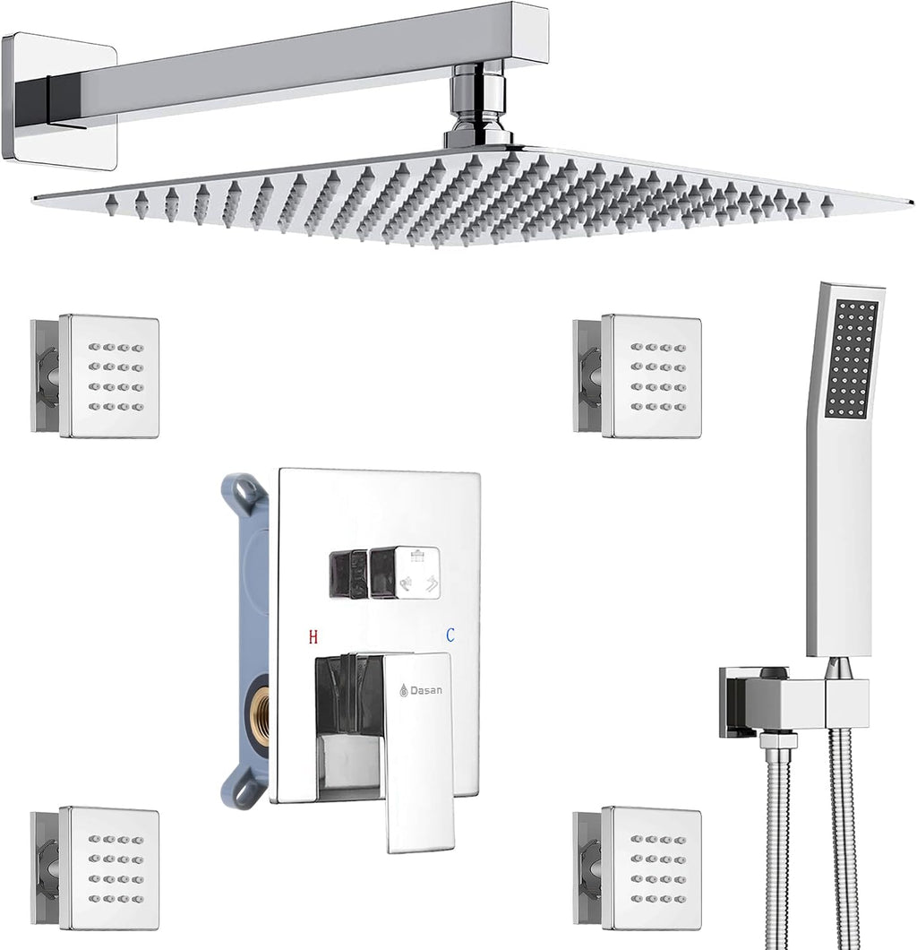 Full Body Rain Shower System with 4 Body Shower Jets & 12'' Wall Mount Rainfall Shower Head & Handheld, DASAN Multi Shower Head System Chrome Rain Shower Faucets sets Combo with Rough-in Valve