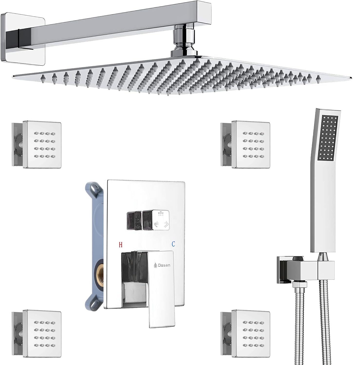 Full Body Rain Shower System with 4 Body Shower Jets & 12'' Wall Mount Rainfall Shower Head & Handheld, DASAN Multi Shower Head System Chrome Rain Shower Faucets sets Combo with Rough-in Valve