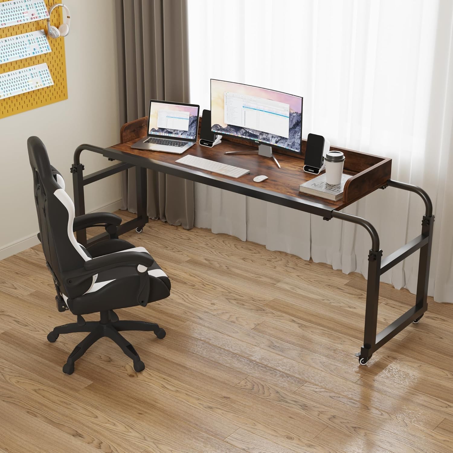 LINGMI Kids and Adult Desk, Overbed Table with Wheels, Bed Desk Recliner Table Adjustable Height Laptop Table, Queen King Size Over The Bed Table with Metal Leg(Rustic Brown)