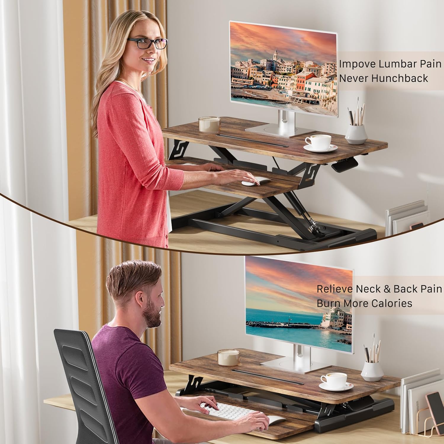 JOY worker Standing Desk Converter, 32' Wide Height Adjustable Sit Stand Up Desk Riser with Keyboard Tray, Desktop Workstation Riser for Home Office Computer Laptop, Particle Board, Rustic