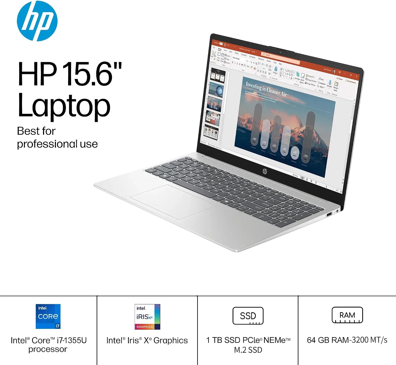 HP 15.6' FHD Touchscreen Business Laptop, 13th Gen Intel 10-Core i7-1355U, 64 GB RAM, 1 TB SSD, Intel Iris Xe Graphics, Wi-Fi 6, Long Battery Life, Copilot AI, HD Camera, Windows 11 Pro, Accessories