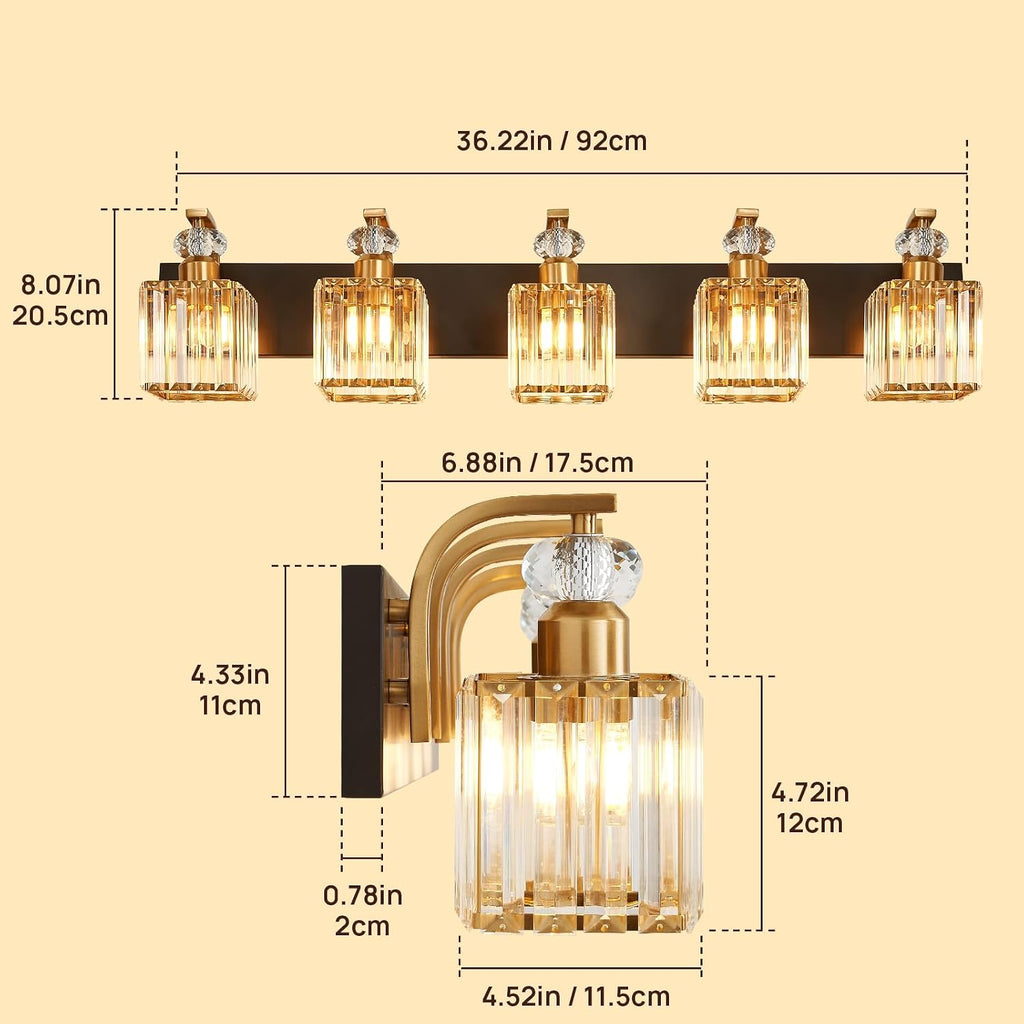 Modern Bathroom Vanity Light, 5-Light Black Gold Bathroom Lighting Fixtures Over Mirror, 36.3' Crystal Wall Light Sconce for Bathroom/Bedroom/Vanity, Includes LED Bulbs, Easy Installation