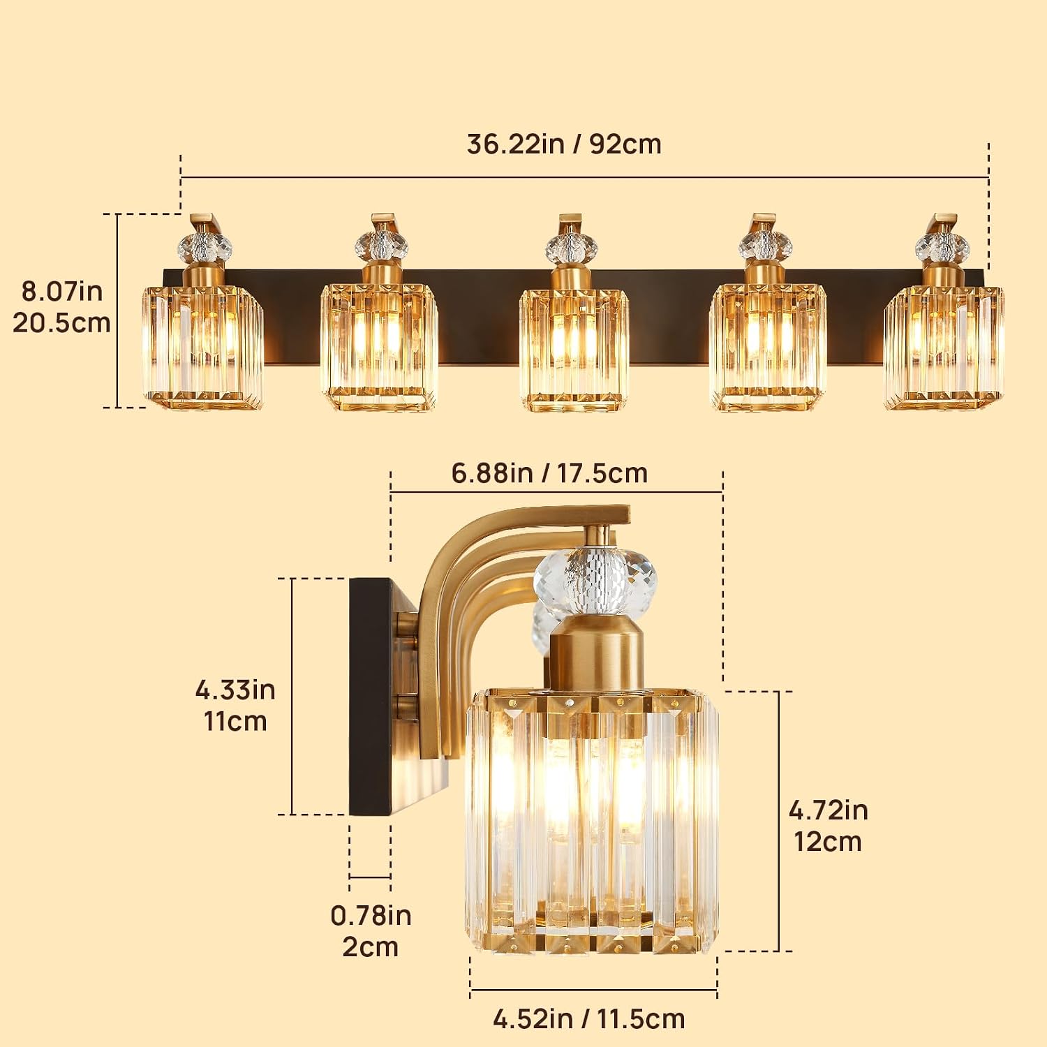 Modern Bathroom Vanity Light, 5-Light Black Gold Bathroom Lighting Fixtures Over Mirror, 36.3' Crystal Wall Light Sconce for Bathroom/Bedroom/Vanity, Includes LED Bulbs, Easy Installation