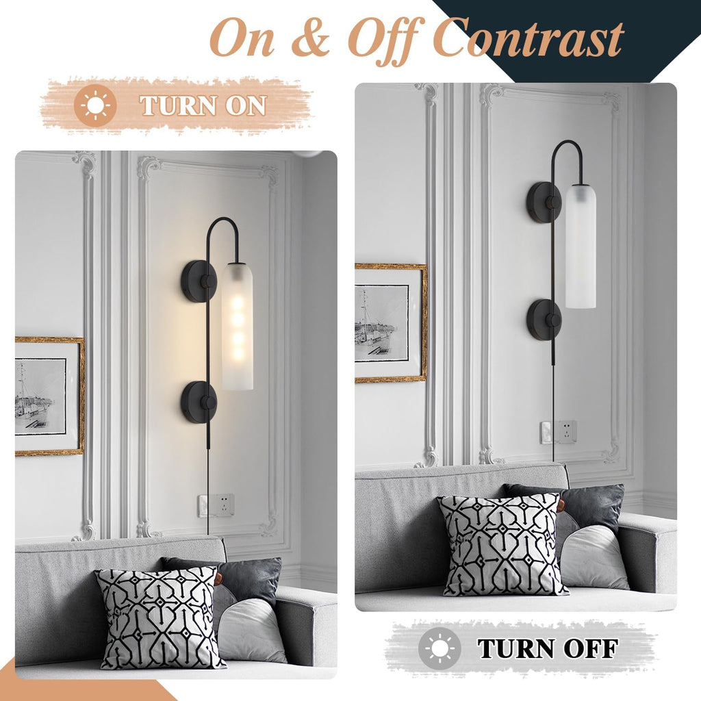 BOKT Black Wall Lights Plug in for Bedroom, Frosted Milky White Glass Wall Sconce Decor, Large Modern Wall Sconces for Living Room
