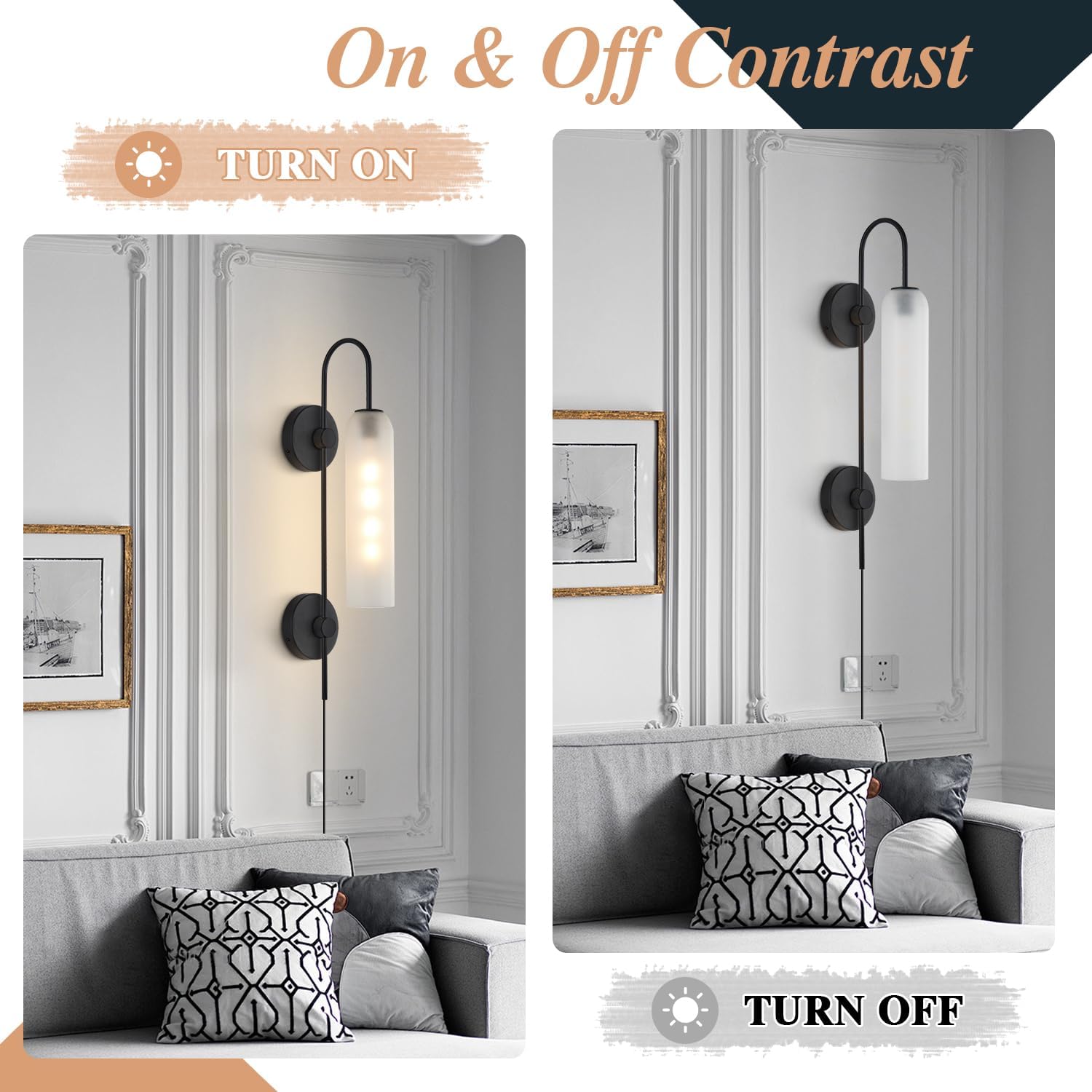 BOKT Black Wall Lights Plug in for Bedroom, Frosted Milky White Glass Wall Sconce Decor, Large Modern Wall Sconces for Living Room
