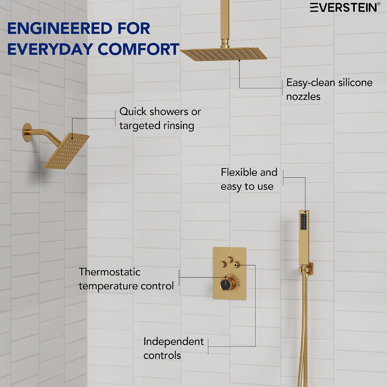 Ceiling Mount 12' High-Pressure Rainfall Shower Faucet, Dual Rainfall Shower Head System with Valve (Brushed Gold)