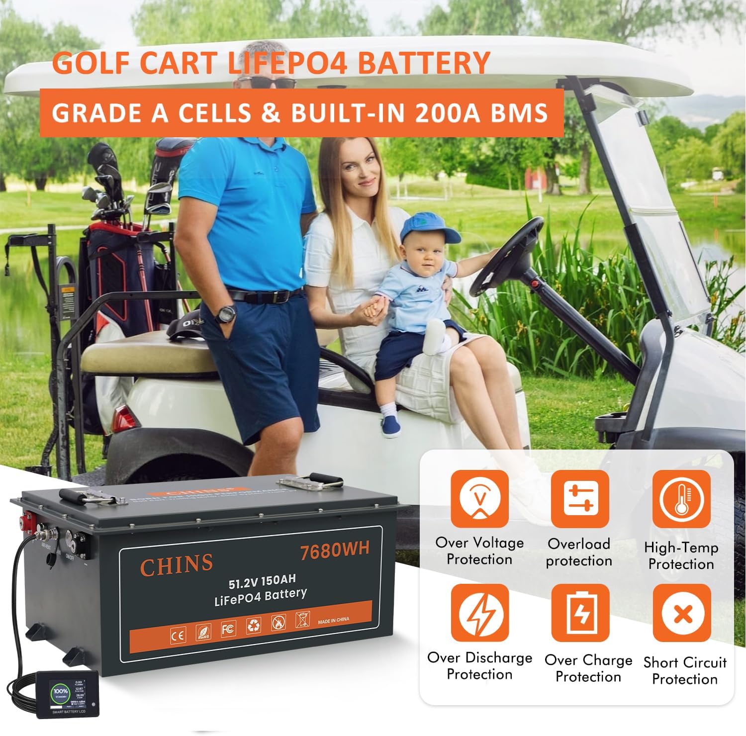 CHINS 48V 150Ah Lithium Golf Cart Battery with 48V 18A Lithium Charger, Built-in Smart 200A BMS, with Touch Monitor & Mobile APP, 4000+ Cycles Rechargeable LiFePO4 Battery, Max 10.24kW Power Output