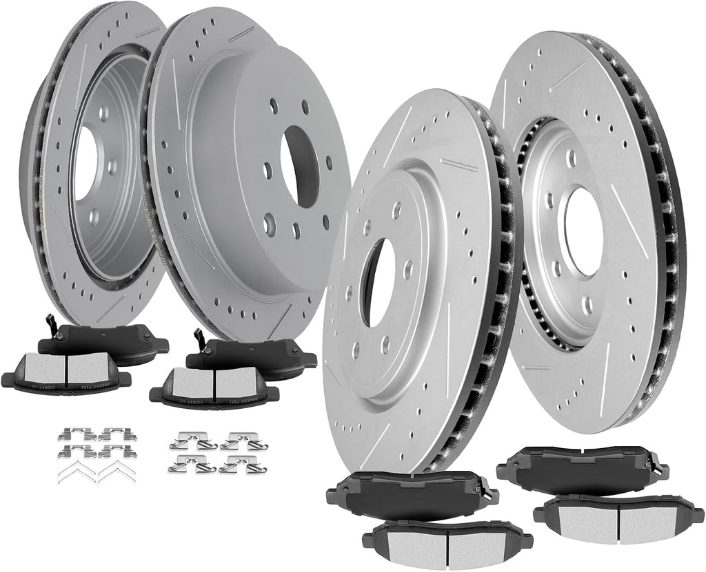 SCITOO Brake Kits, 4pcs Drilled Slotted Brake Rotors and 8pcs Ceramic Disc Brake Pads Set fit 05-16 for Nissan Frontier,05 08-15 for Nissan Xterra,09-12 for Suzuki Equator,Front and Rear