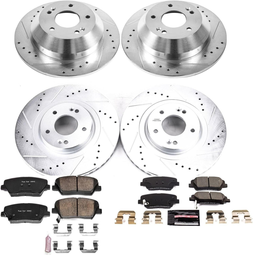 PowerStop Front and Rear Brake Kit for Hyundai Santa Fe Sport 2013-18 | Kia Sorento 2014-15 - Drilled and Slotted Disc Rotors with Carbon-Fiber Ceramic Brake Pads Replacement, K8009