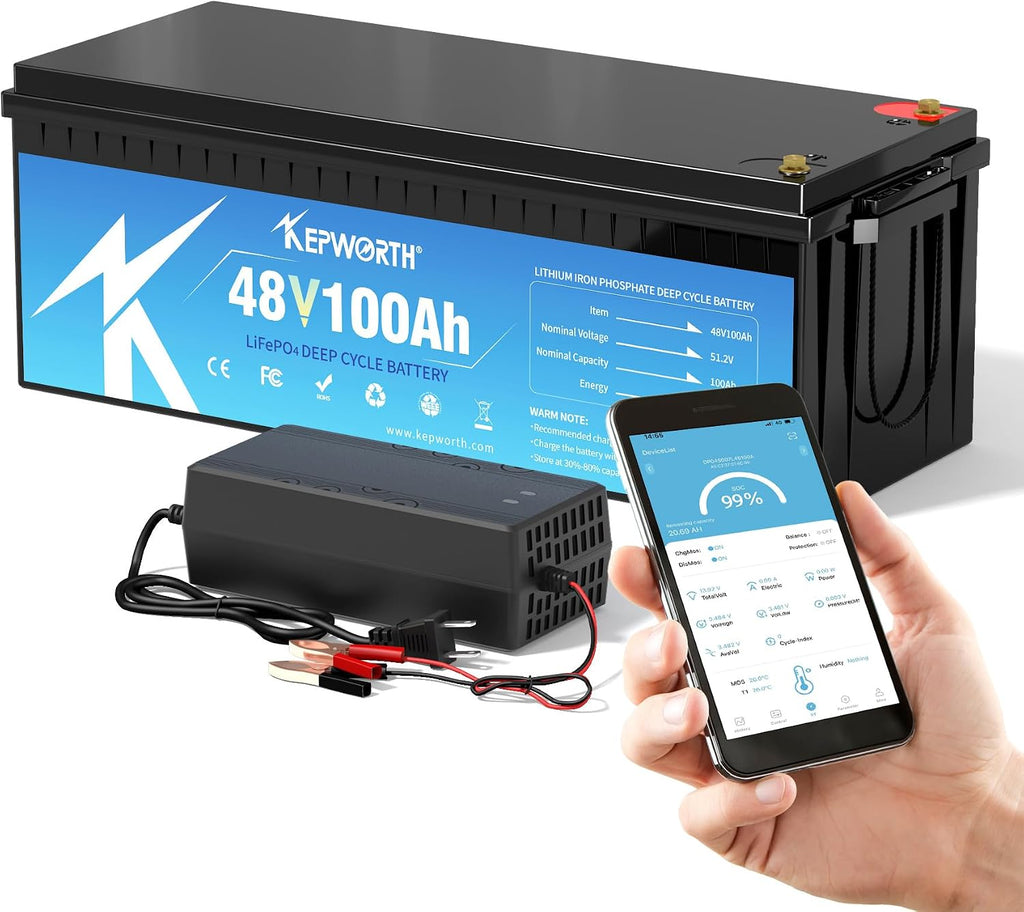 KEPWORTH 48V 100Ah LiFepo4 Battery, Deep Cycle Lithium Batteries with 200A Bluetooth BMS, 10 Years-Lifetime, Perfect for Golf Carts, Boat, Trolling Motor, Lawn Mower, Solar, Off-Grid Life