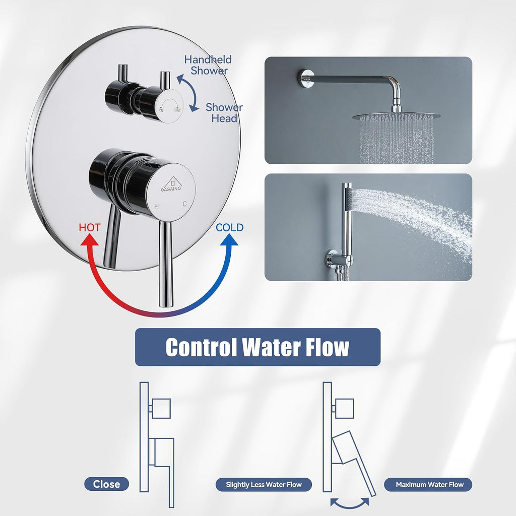 CASAINC Shower Valve and Trim Kit, 10 Inch Round 2 Functions Rain Shower Head with Handheld Spray Wall Mounted Shower System (Chrome)