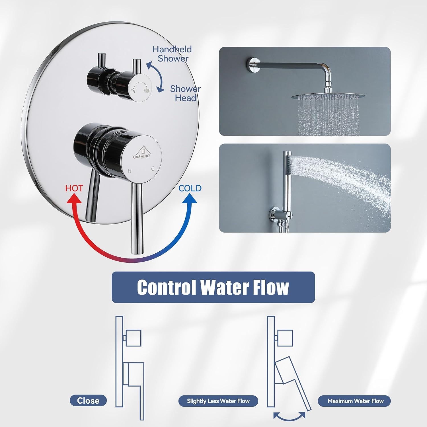 CASAINC Shower Valve and Trim Kit, 10 Inch Round 2 Functions Rain Shower Head with Handheld Spray Wall Mounted Shower System (Chrome)
