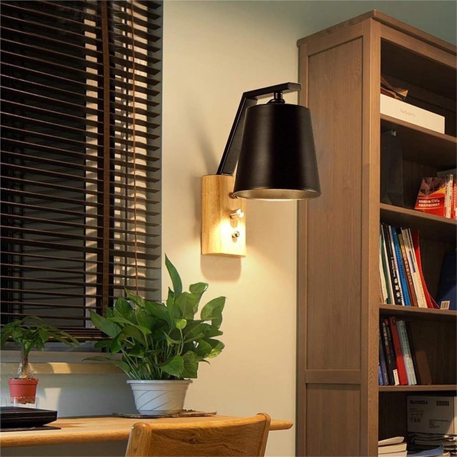 Wall Light Modern Wooden Wrought Iron LED Wall Lamps Minimaslist Bedroom Bedside Reading Lamp E27 Lighting Fixtures Wall Sconce Home Decor Ceiling Light(Black)