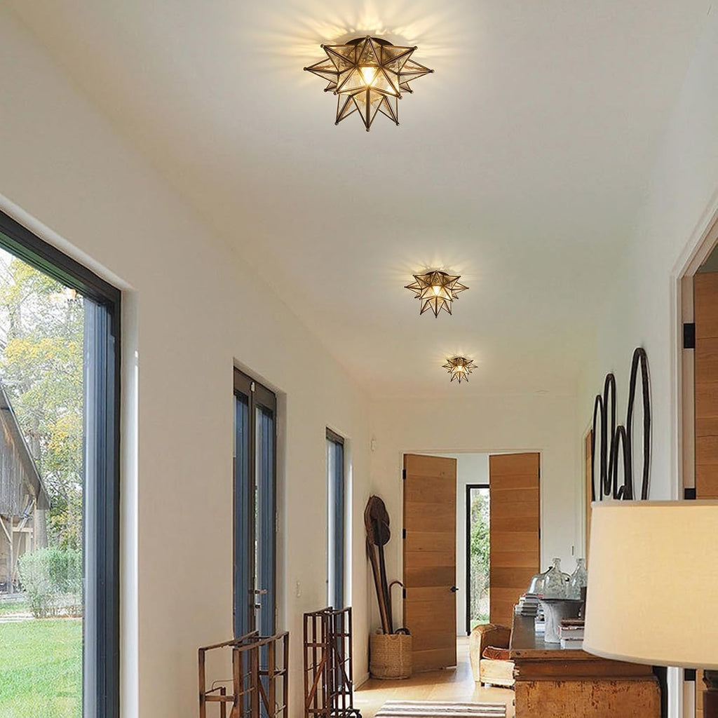 Moravian Brass Star Ceiling Light - 12.7 Inch Oil Rubbed Bronze Black Vintage Flush Mount Lighting Fixtures - Art Deco Moroccan Glass Fixture Lights for Hallway Kitchen Farmhouse Bedroom Entryway