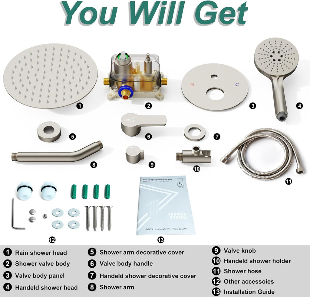 Shower Faucet Set 12IN Brass Rough-In Valve Body Trim Kit Rainfall Included Handle Accessories Complete 2 Functions with Rain Head and Handheld Bathroom Systems (12'', Brushed Nickel)