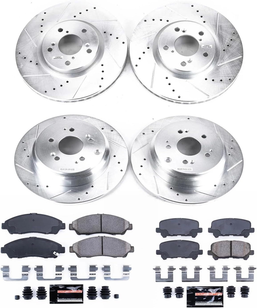 PowerStop Front and Rear Brake Kit for Acura MDX 2007-13 |ZDX 2010-13 |Honda Pilot 2009-11 - Drilled and Slotted Disc Rotors with Carbon-Fiber Ceramic Brake Pads Replacement, K5369