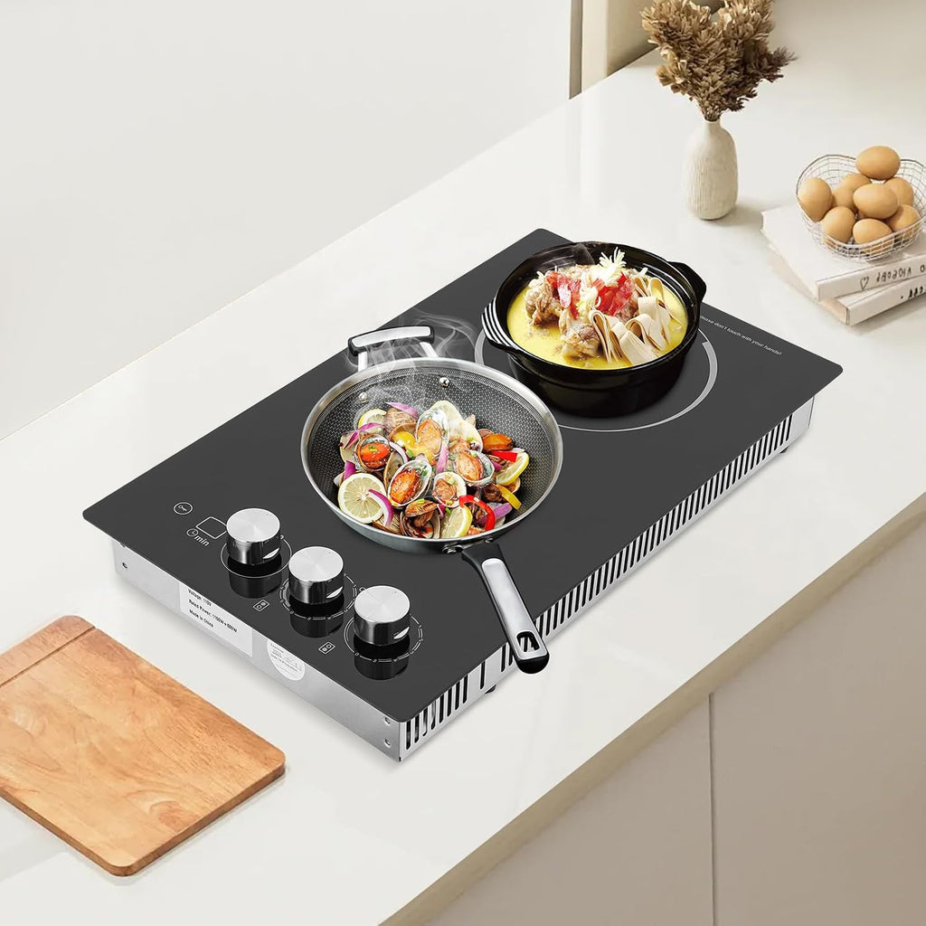 20 Inch Electric Cooktop 2 Burners, 600/1100W Built-In Radiant Electric Stovetop with Safe Lock, Electric Ceramic Cooktop with 5 Power Levels/Led Display, 20.08 * 11.81 * 4.06in, Good Heat