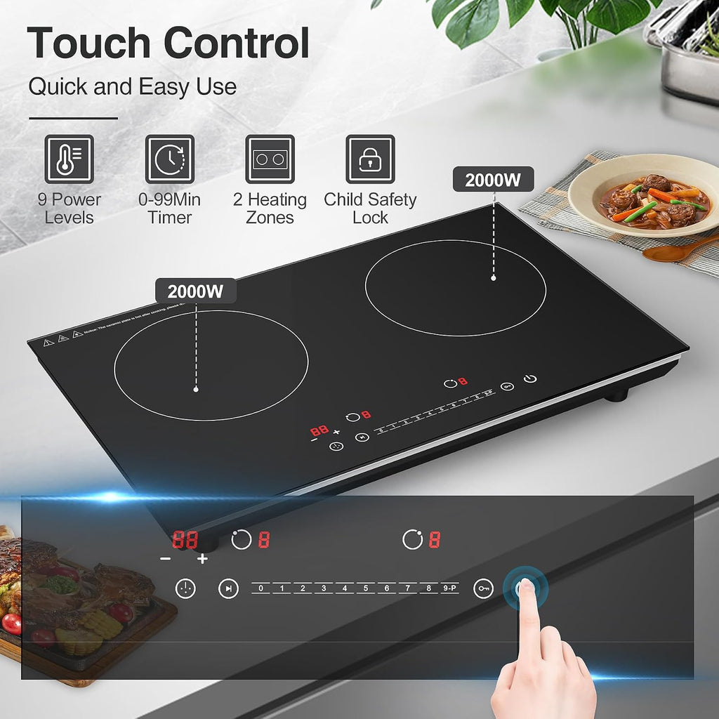 VBGK Double Induction Cooktop and Single Electric Stove Top Burner, 110V Electric Burner with 9 Heating Level,LCD Touch Screen,Child Safety Lock & Timer