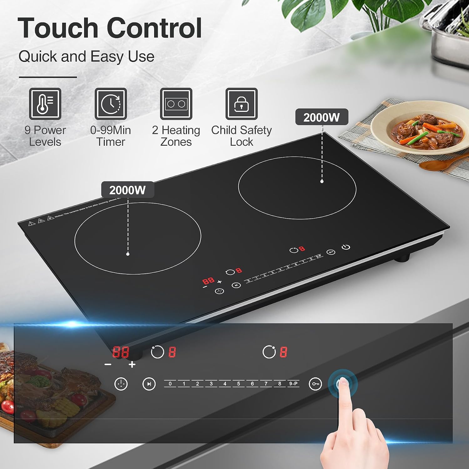 VBGK Double Induction Cooktop and Single Electric Stove Top Burner, 110V Electric Burner with 9 Heating Level,LCD Touch Screen,Child Safety Lock & Timer