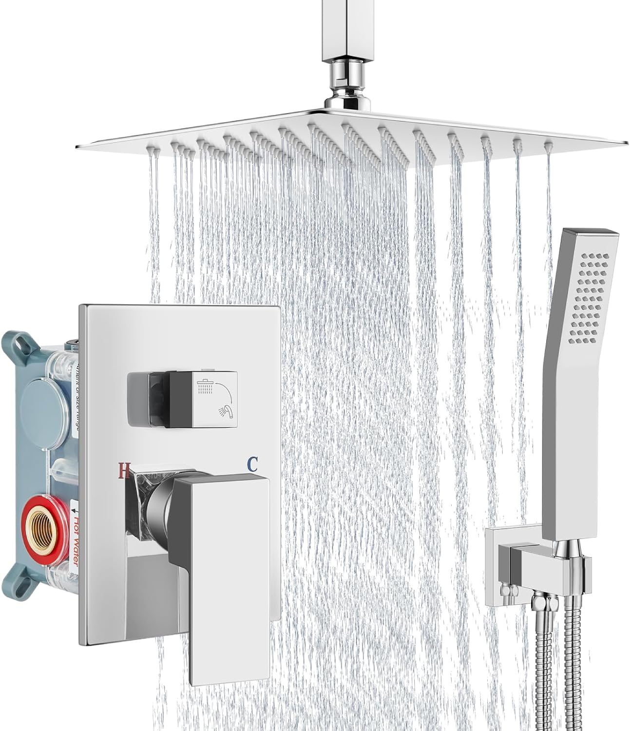 Aolemi Ceiling Mount Shower System Rain Shower Head with Handheld Spray High Pressure Shower Faucet Set Rough-in Valve Shower Trim Kit Included Bathroom Polish Chrome 8 Inch Ceiling Shower Head
