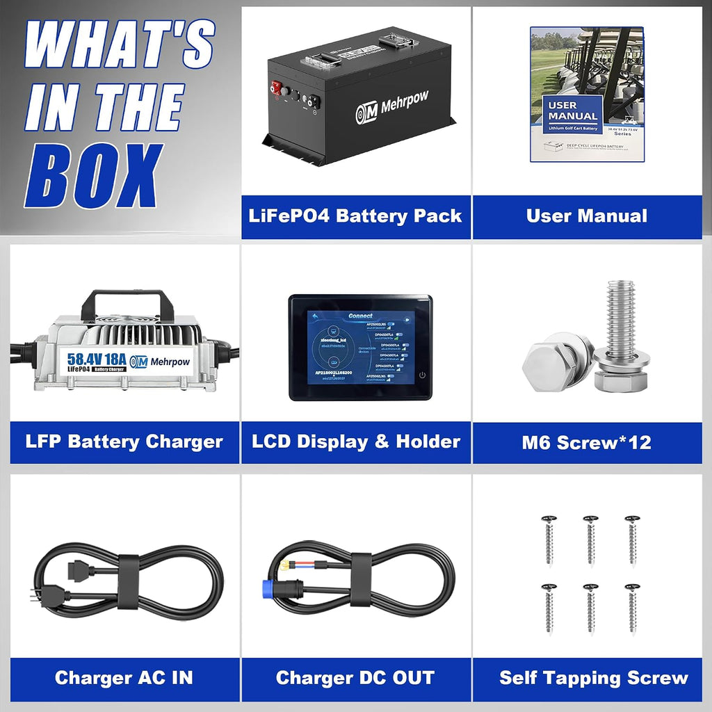 48V Lithium Battery Golf Cart Batteries Kit Built-in 200A BMS Steel Casing 48V 100Ah LiFePO4 Battery 10000 Cycles with 18A Charger Bluetooth Touch Display & APP Max 10.24kW Power Output for Golf Cart