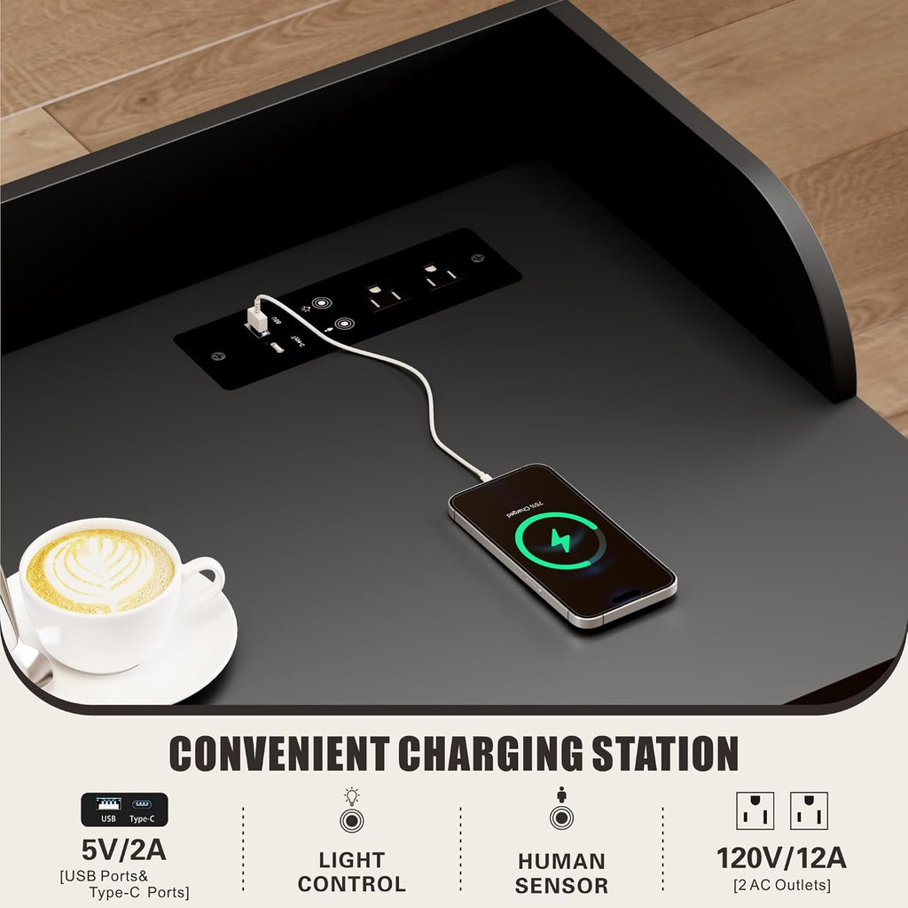 HWB Bed Table with Wheels for King Size, Over Bed Desk with Adjustable Height for Laptop, Overbed Table with Charging Station & LED Lights, Rolling Tables with AC Outlets, Black
