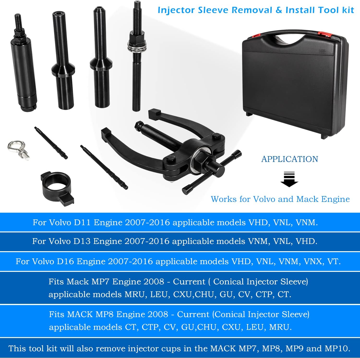 Danti Injector Cup Tools for Volvo d11 d12 d13 d16 FM12,for Mack MP7 MP8 MP10 Engine Injector Nozzle Cup Sleeve Tube Installer Tool Replces 88800387 9986174 88800196 (with Portable Box)