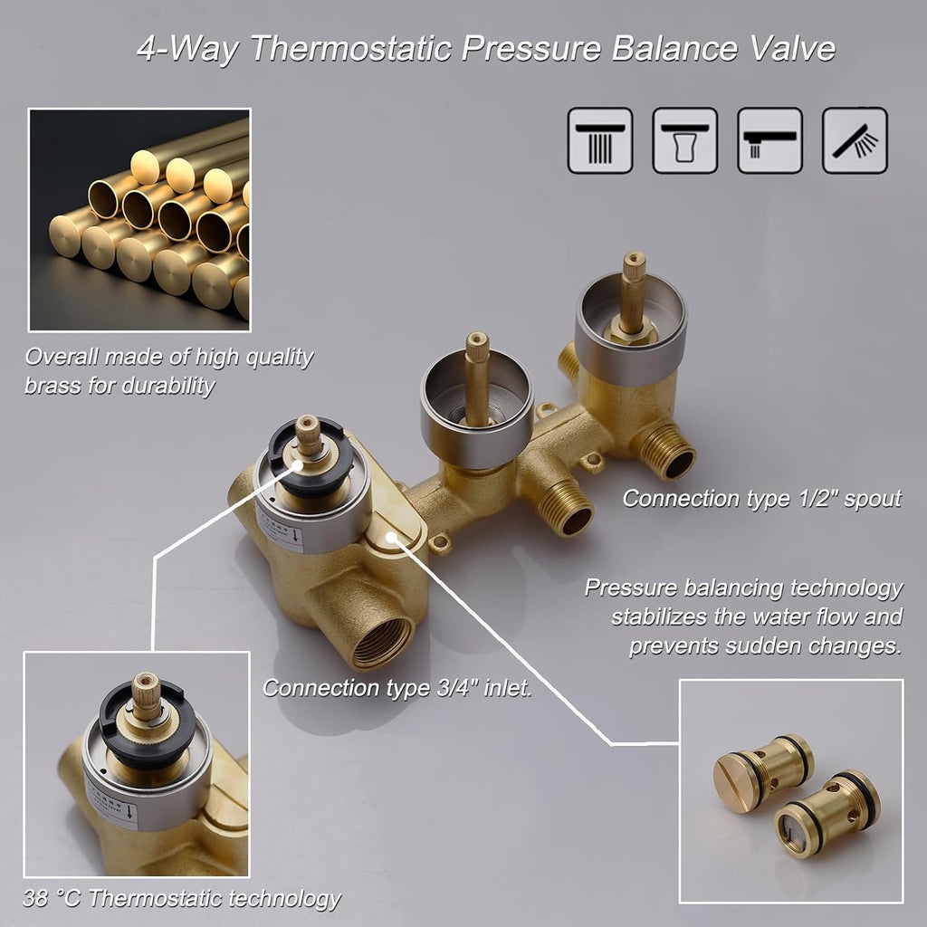 4 Way Thermostatic Shower Diverter System with 12 inch Shower Head and Tub Spout, Brushed Gold Bathtub Shower Faucet Set with 6 Body Jet and Handheld Spray
