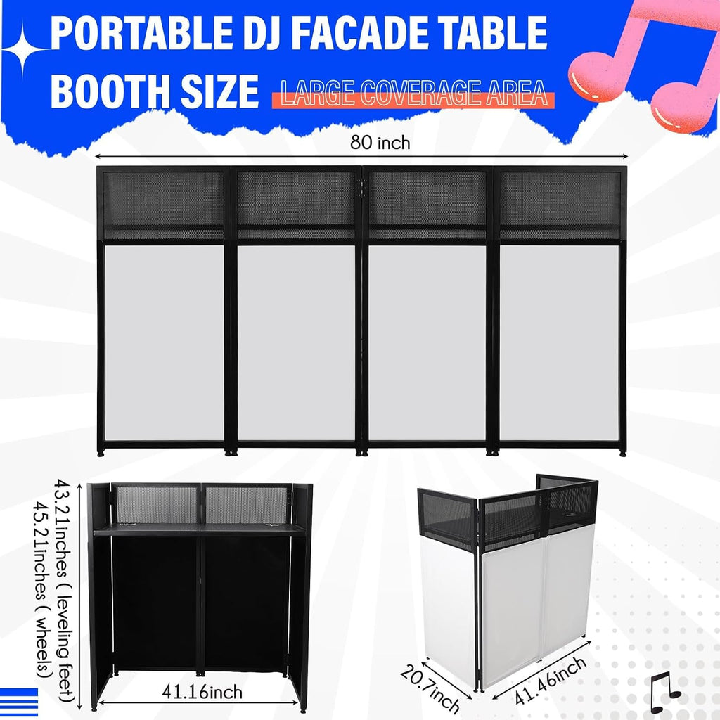 Portable DJ Facade Booth, Foldable DJ Table Station With White & Black Lighting Scrim,42 in L x46 in H x 25 in W DJ Stand Booth,With Adjustable DJ Event Facade Feet for Party, Black Metal Frame
