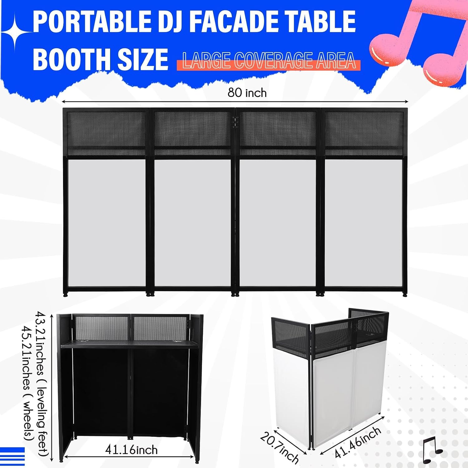 Portable DJ Facade Booth, Foldable DJ Table Station With White & Black Lighting Scrim,42 in L x46 in H x 25 in W DJ Stand Booth,With Adjustable DJ Event Facade Feet for Party, Black Metal Frame