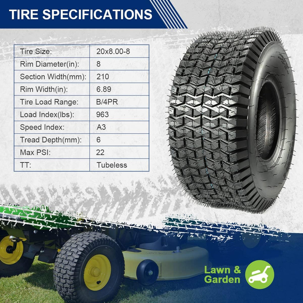 MaxAuto Lawn Mower Tires 15x6.00-6 & 20x8.00-8 Front & Rear Tire Set -15x6x6nhs Front & 20x8x8 nhs Rear Turf Tires for Golf Tire, Lawn & Garden Tractor, 4Ply Tubeless, 4 Pack in 2 Packages