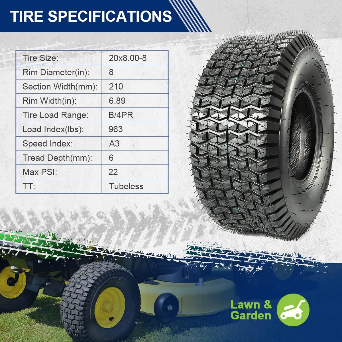 MaxAuto Lawn Mower Tires 15x6.00-6 & 20x8.00-8 Front & Rear Tire Set -15x6x6nhs Front & 20x8x8 nhs Rear Turf Tires for Golf Tire, Lawn & Garden Tractor, 4Ply Tubeless, 4 Pack in 2 Packages