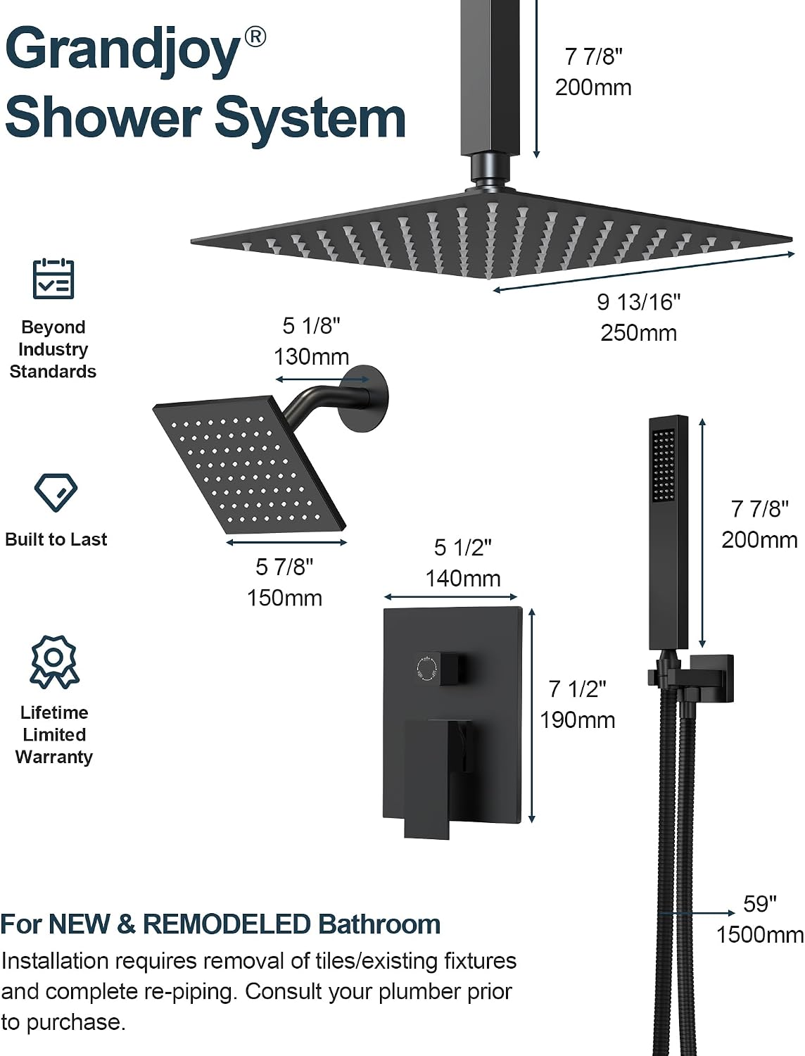 Matte Black 3-Function Shower System with 10' Rainfall & 6' Secondary Shower Head, Handheld Combo Set, Wall Mounted cUPC Certified Pressure Balance Valve