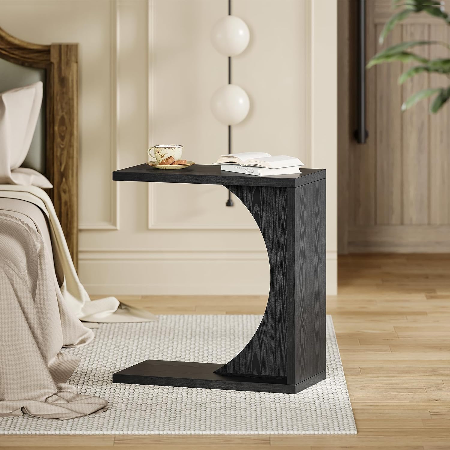 LITTLE TREE C-Shape End Table for Sofa & Bedroom - Small Side Table for Living Room, Over Couch Tray Stand for Laptop, Snacks, Books, Black, 2 Pack