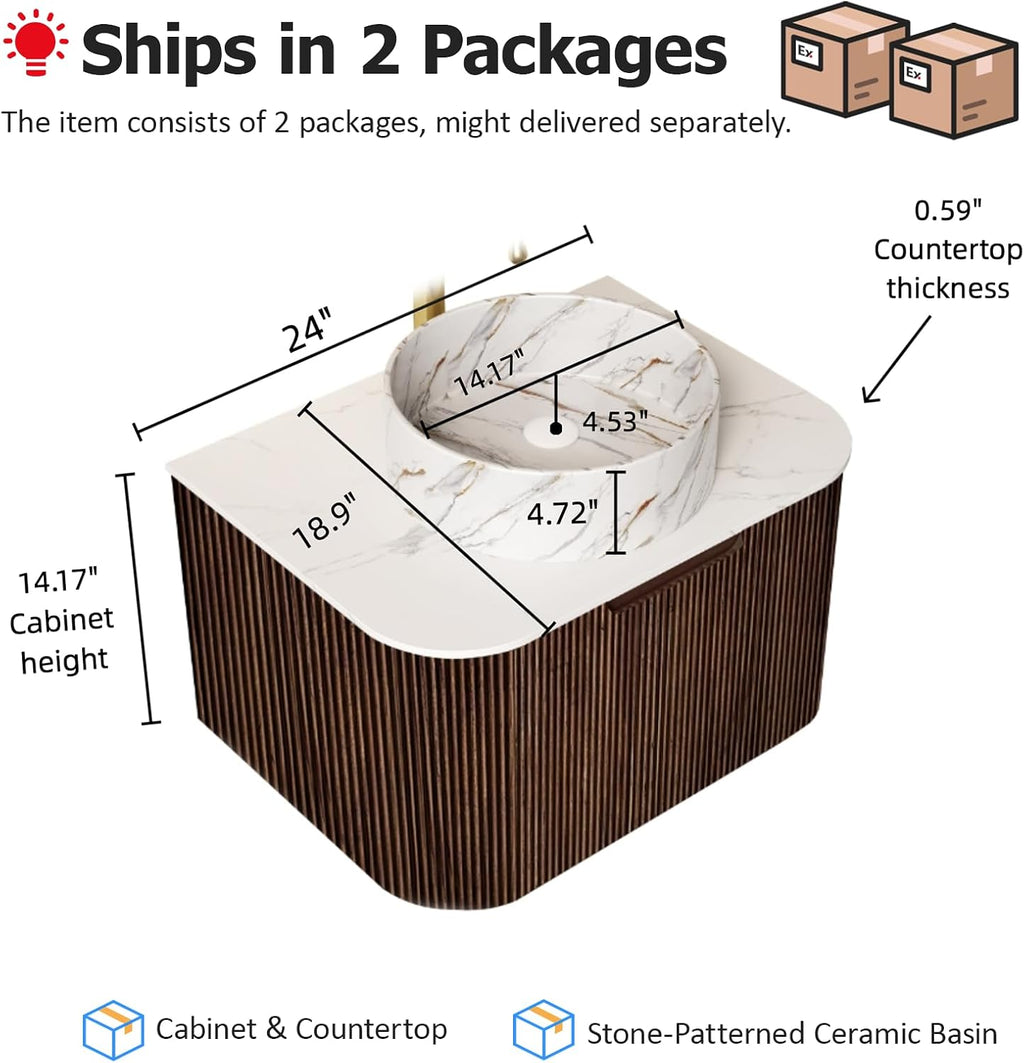 24' Floating Bathroom Vanity with Sink, Modern Wall-Mount Storage Cabinet with Ultra-Thin Ceramic Basin and Marble Top, Large Storage Drawer, Soft-Close Design, Pre-Assembled, Dark Walnut