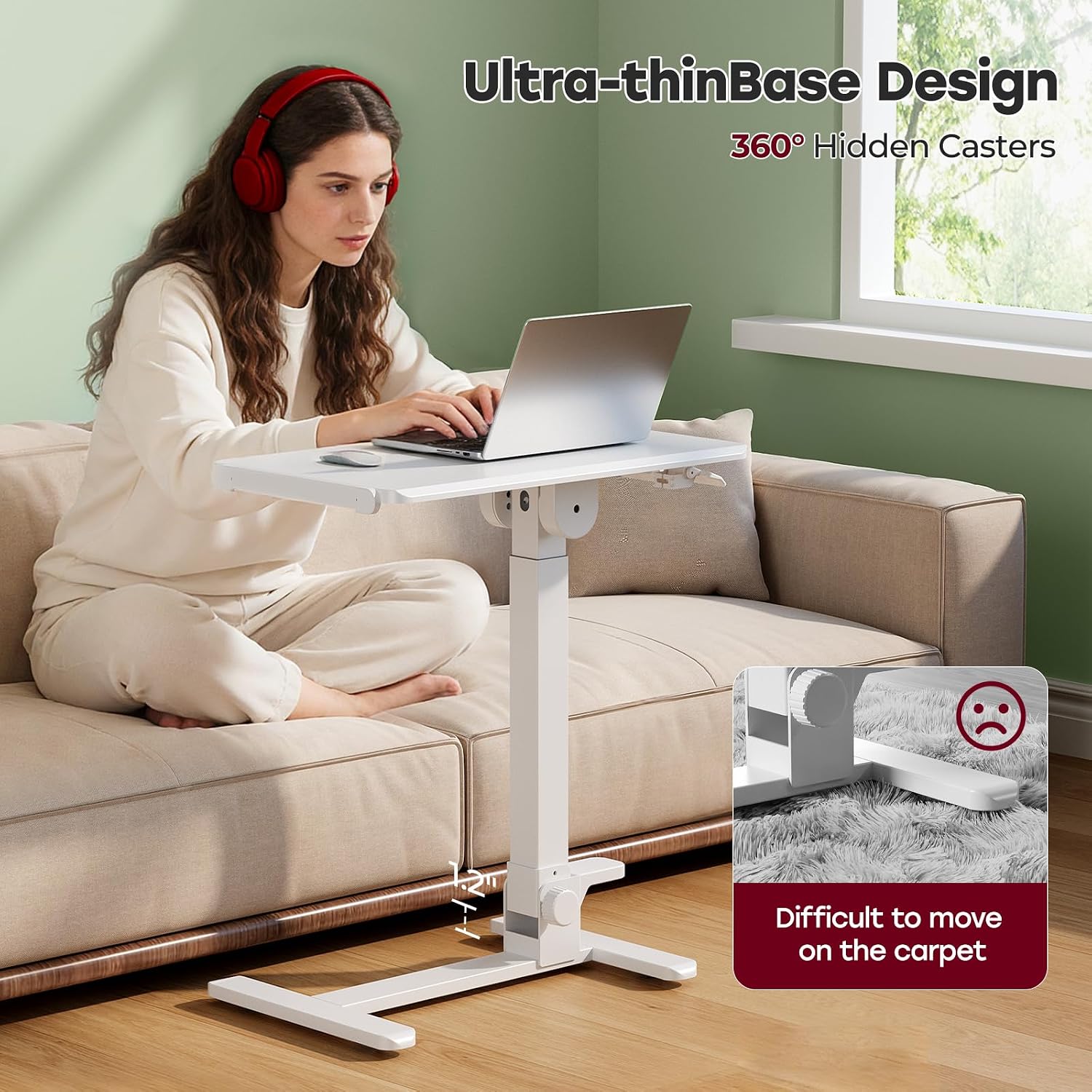 Foldable Mobile Standing Desk, 27 Inch Small Rolling Laptop Cart Height Adjustment, 90° Tiltable Bedside Table, No Assembly Needed Portable Computer Workstation, White