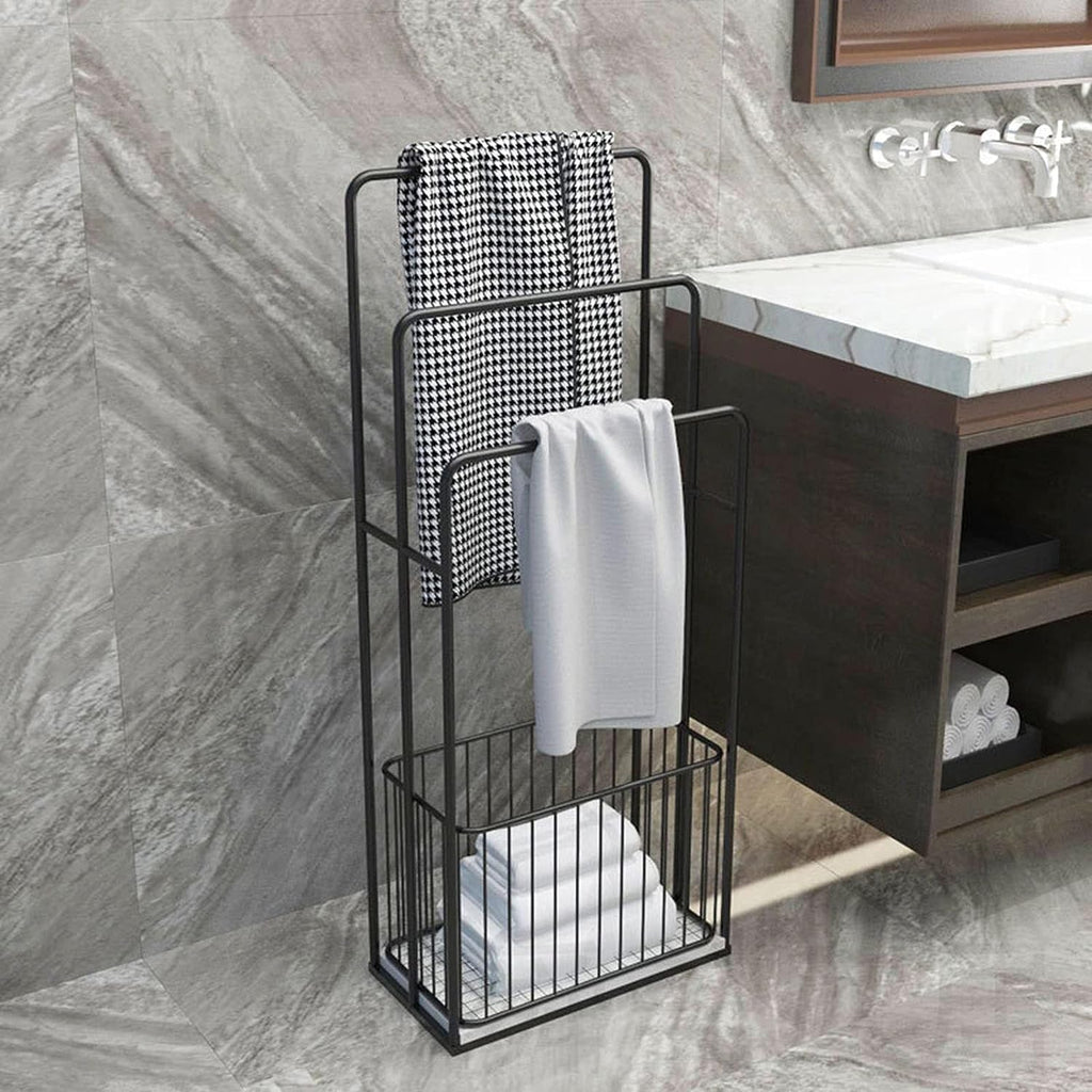 Bathroom Freestanding Towel Rack with Dirty Clothes Basket - Wrought Iron Study Shelf Hotel Storage Rack - Floor Standing Towel Rail (Black)
