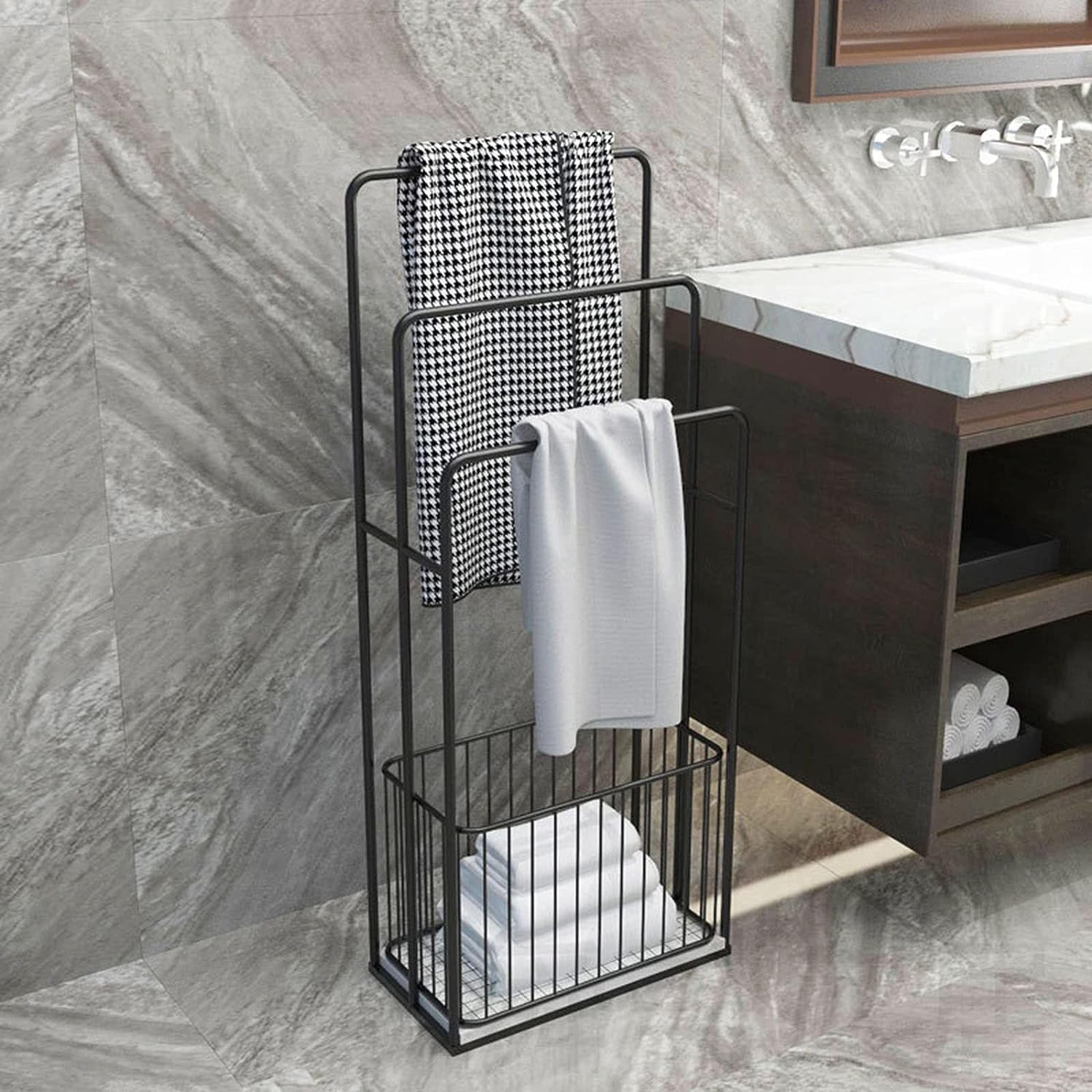 Bathroom Freestanding Towel Rack with Dirty Clothes Basket - Wrought Iron Study Shelf Hotel Storage Rack - Floor Standing Towel Rail (Black)