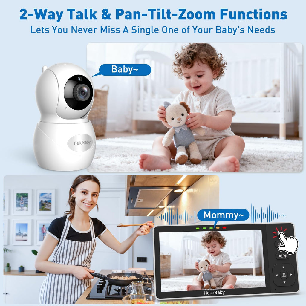 HelloBaby 5.5' 720P HD Baby Monitor with 4 Cameras,Split Screen Display,Video Baby Monitors,No WiFi,Remote Pan/Tilt/Zoom,Night Light,4000mAh Battery,Wide View,Ideal for Twins/Multiple Children