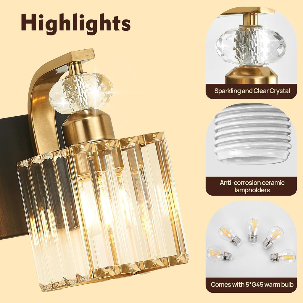 Modern Bathroom Vanity Light, 5-Light Black Gold Bathroom Lighting Fixtures Over Mirror, 36.3' Crystal Wall Light Sconce for Bathroom/Bedroom/Vanity, Includes LED Bulbs, Easy Installation
