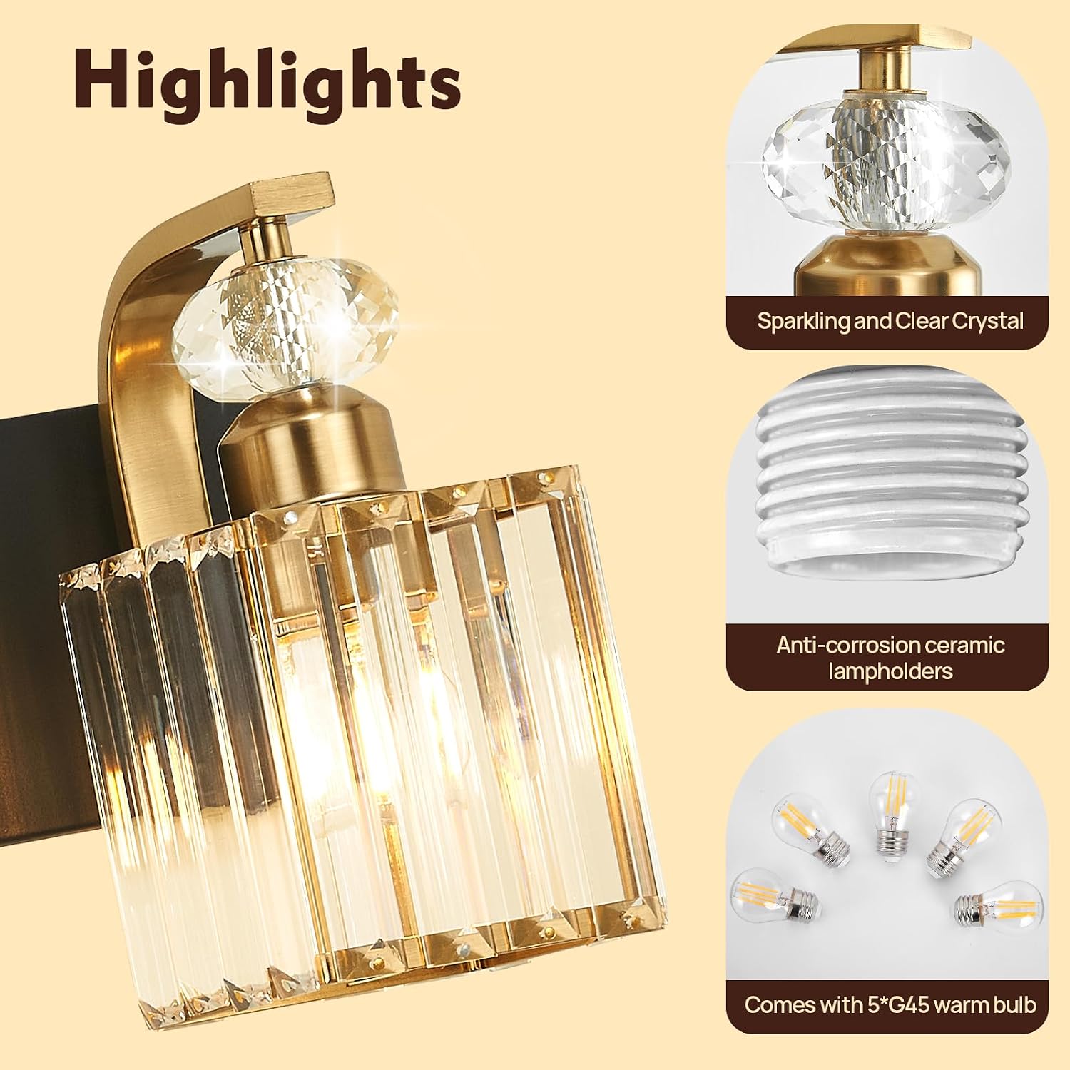 Modern Bathroom Vanity Light, 5-Light Black Gold Bathroom Lighting Fixtures Over Mirror, 36.3' Crystal Wall Light Sconce for Bathroom/Bedroom/Vanity, Includes LED Bulbs, Easy Installation