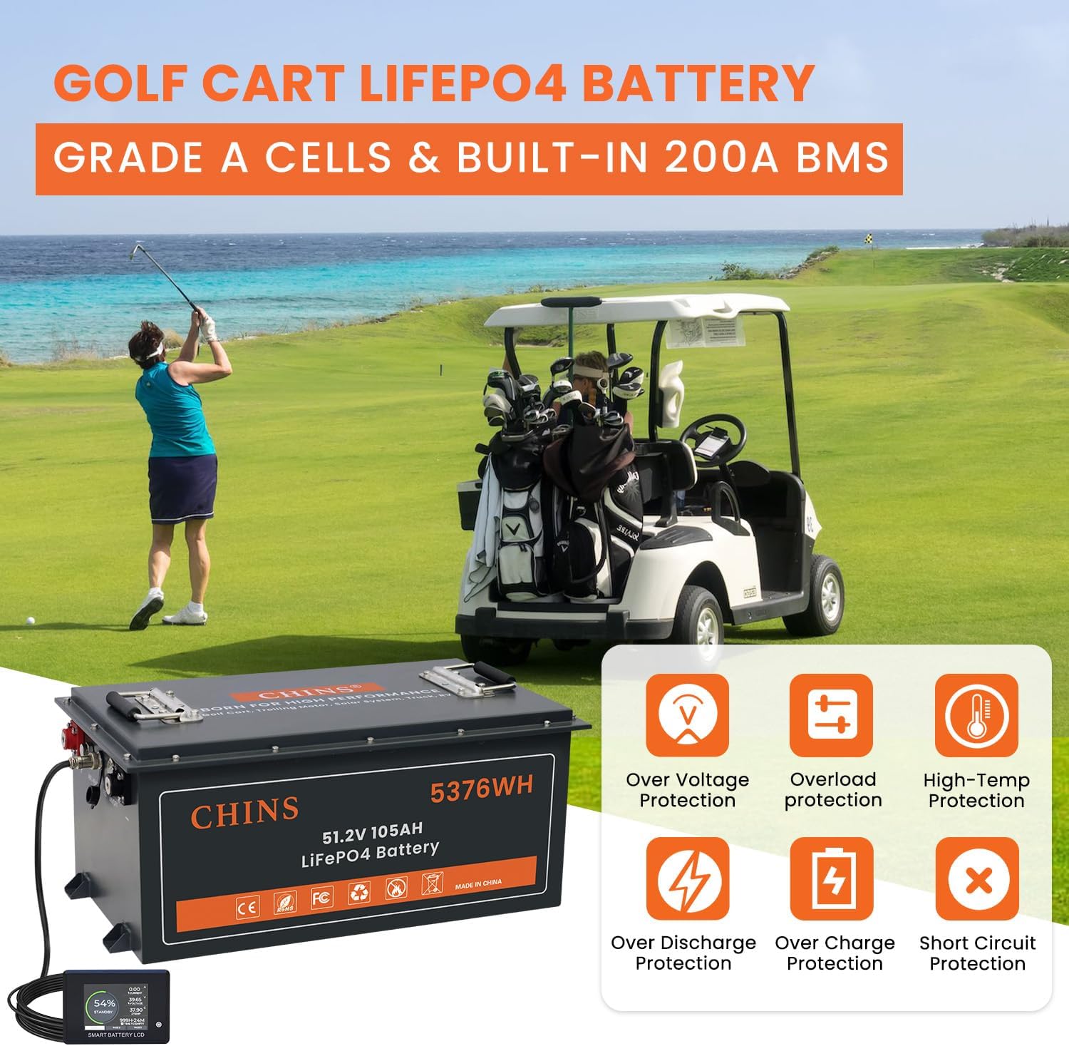 48 Volt Lithium Battery for Golf Cart, 200A BMS - 1000A Peak Current, with Touch Monitor & Mobile APP, 5000+ Cycles 48V 105AH Lithium Battery with 48V 18A Charger